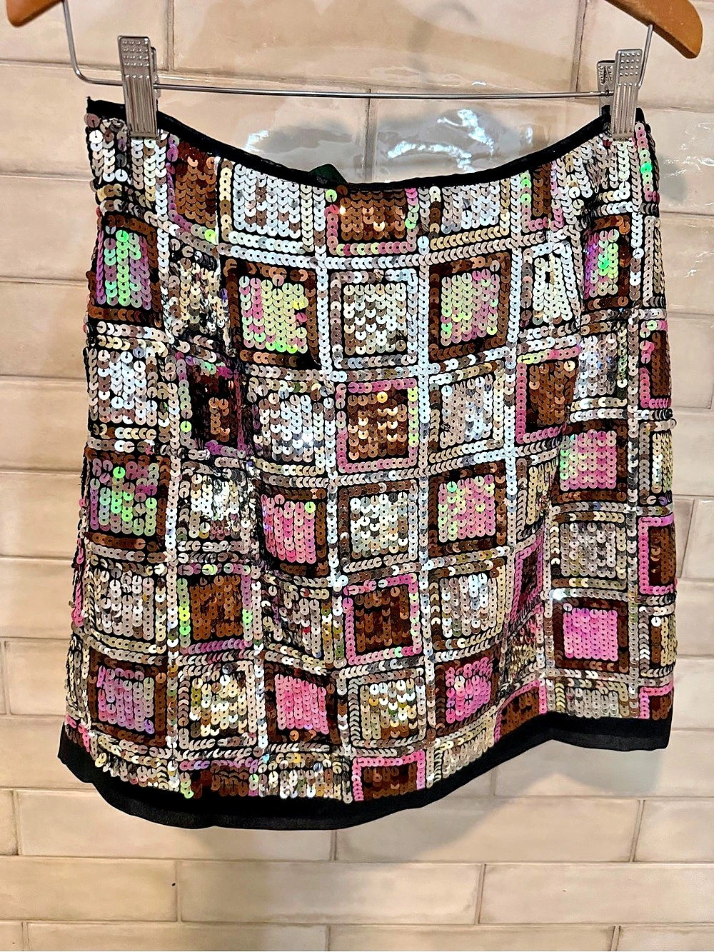 NWT CIEBON Sequin Mini Skirt Silver Pink bronze geometric lined Anthropologie M - Picture 9 of 15